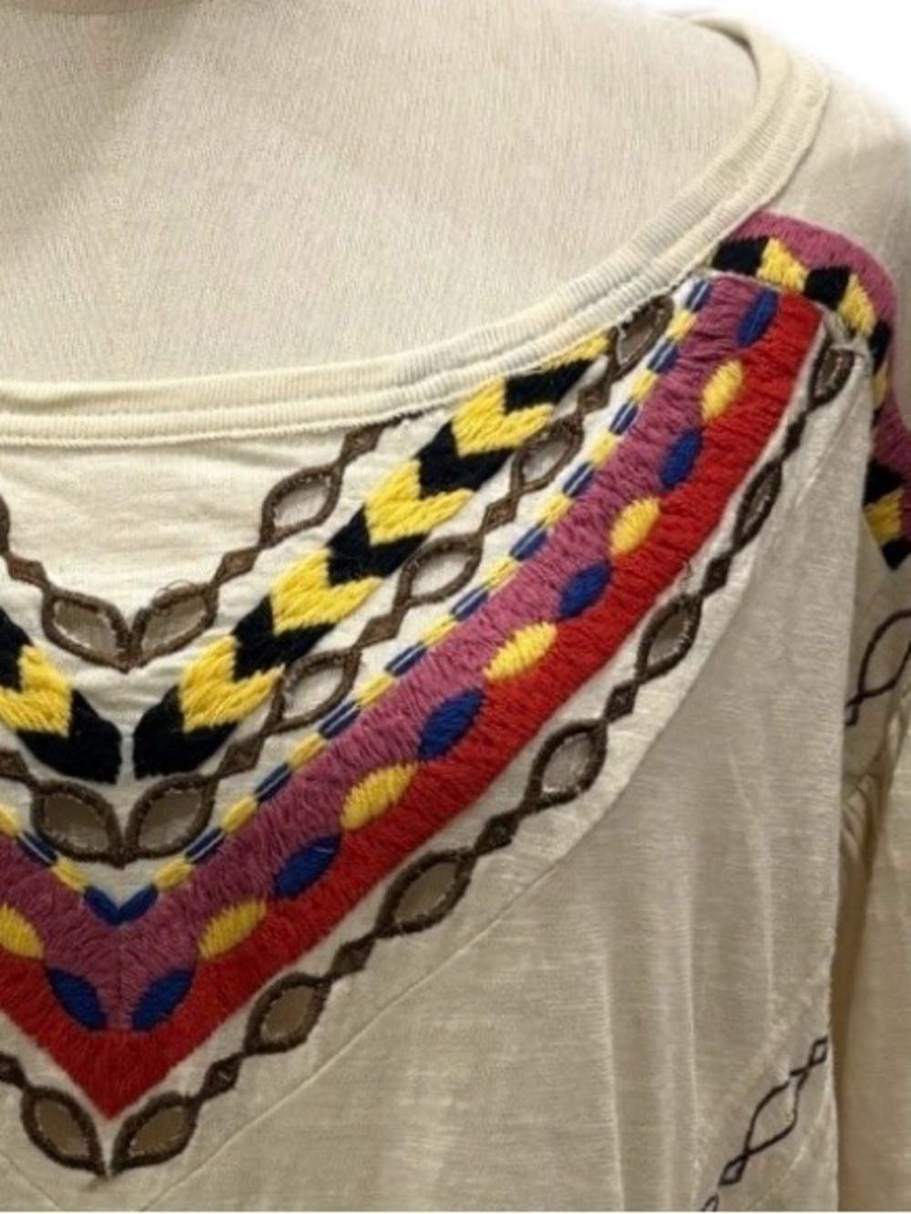 Free People Boho Cropped Cream with Multicolor Embroidered Boat Neck Blouse L - Picture 3 of 10